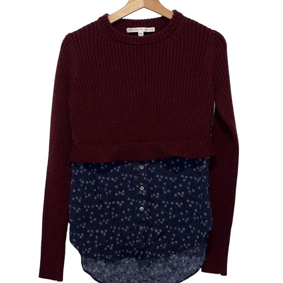 Veronica Beard Garrett Mixed Media Sweater Floral Tunic Burgundy Wool L - Picture 2 of 9